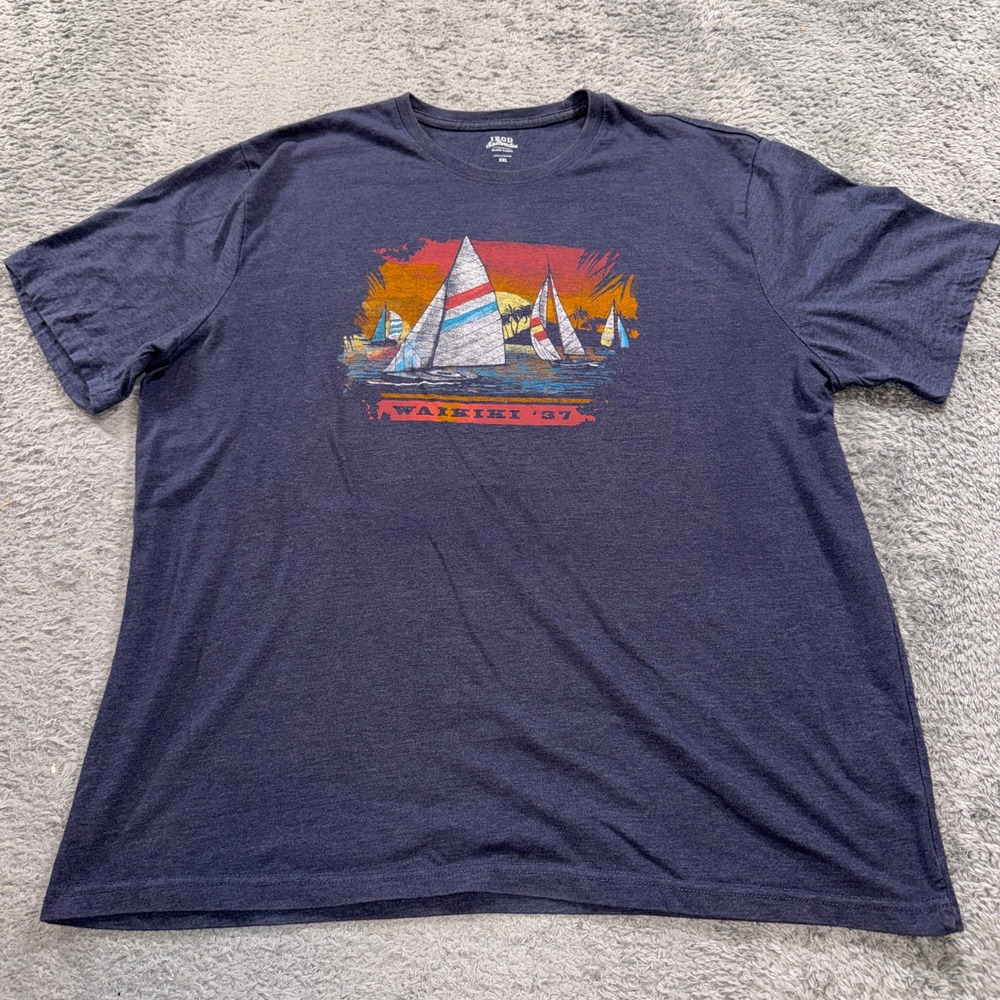 IZOD Saltwater Mens XXL Navy Blue Waikiki 37 Sailboat Graphic Crew Neck T-Shirt